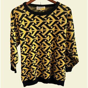 Vintage Womens‎ L 90s Crop Top Sweater Yellow Black Retro Pullover Acrylic USA